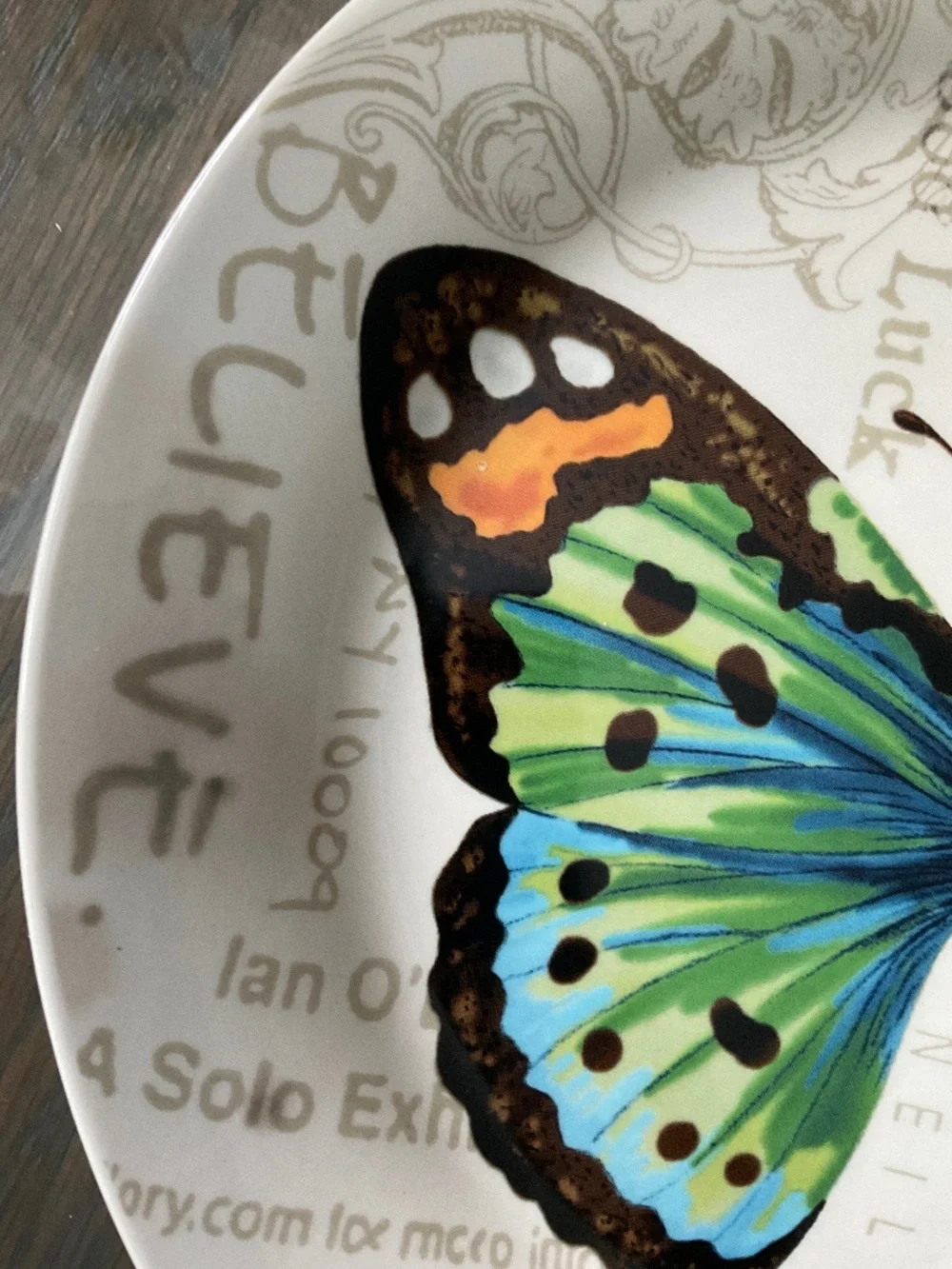 PIER 1 IRONSTONE BUTTERFLY POSTAGE STAMP PLATE . VIBRANT COLORS, 9” DIAMETER